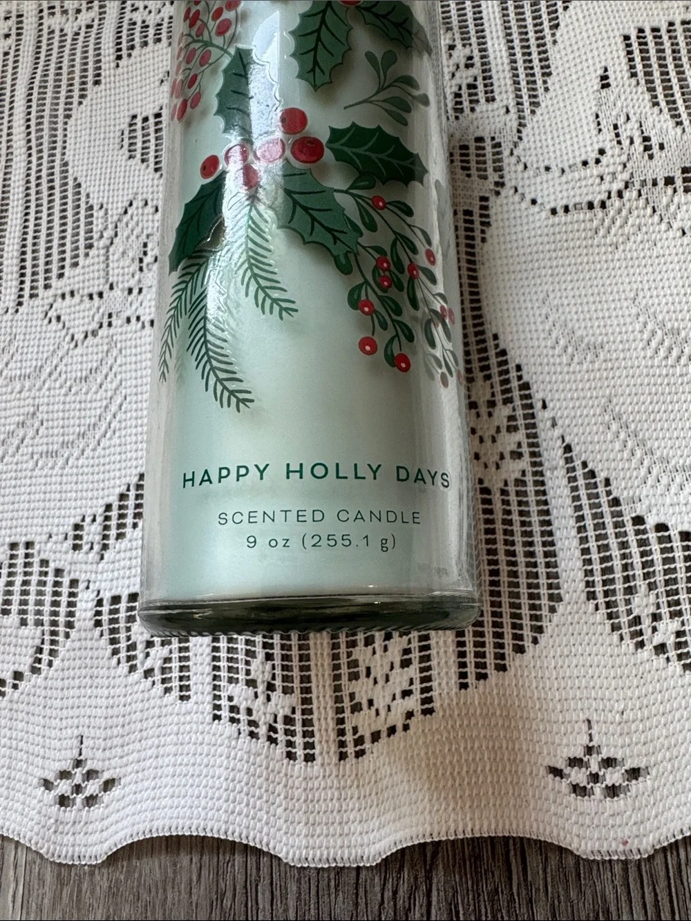 Mainstays Mint Green and Red Holiday “Happy Holly Days” Tall Jar Scented Candle